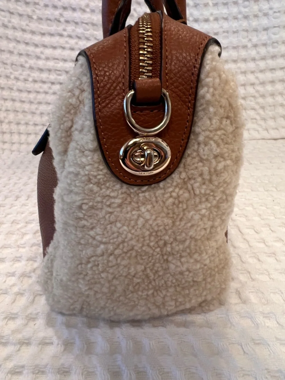 Coach Mini Bennett Satchel Brown Leather Cream Shearling Panels Hang Tag EUC - Picture 6 of 13
